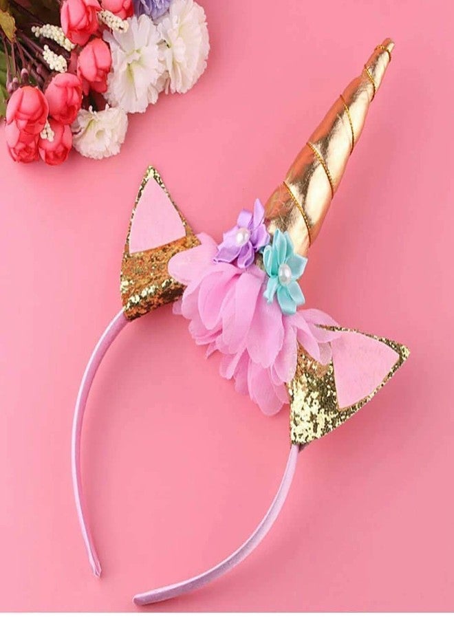 FAVELA Unicorn Headband With Pink Satin Sash Girls Happy Birthday Decoration for Girls | Cute Unicorn Hairband with Cat Ears and Flowers | Small Kids Hair Accessories Set Ideal for Party - Image 5